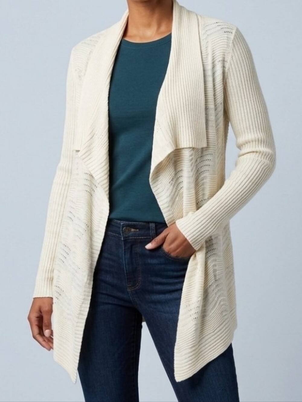 Calvin Klein Jeans Womens Open Front Cream Beige Cardigan Lightweight Knit Sz L
